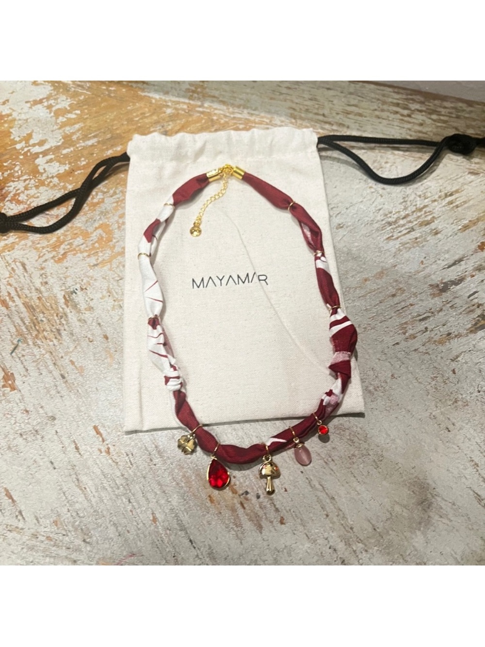 Mayamar Bandana Burgundy Beaded Charm Necklace (NWT)